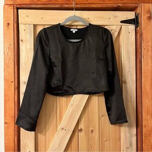 Black Long Sleeve Satin Crop Top
